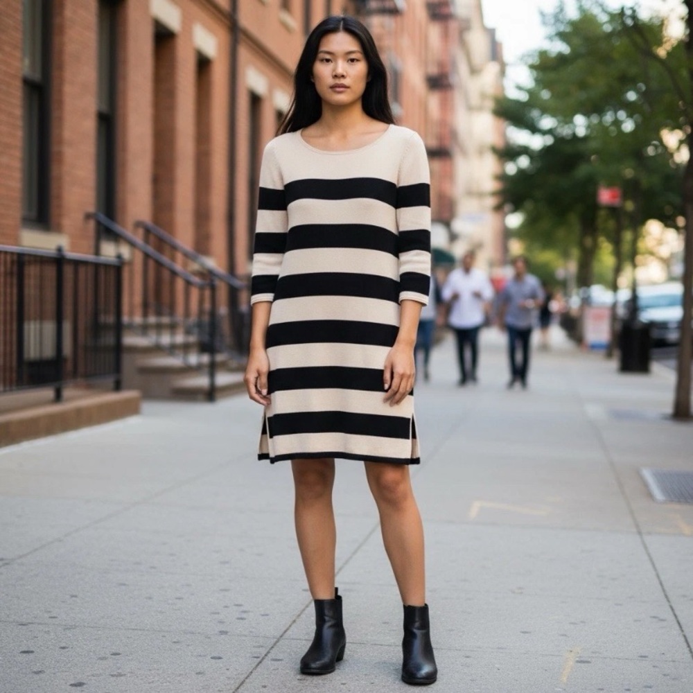H&M Black and Tan Striped 3/4 Sleeve Sweater Dress 100% Cotton Size L Like New!